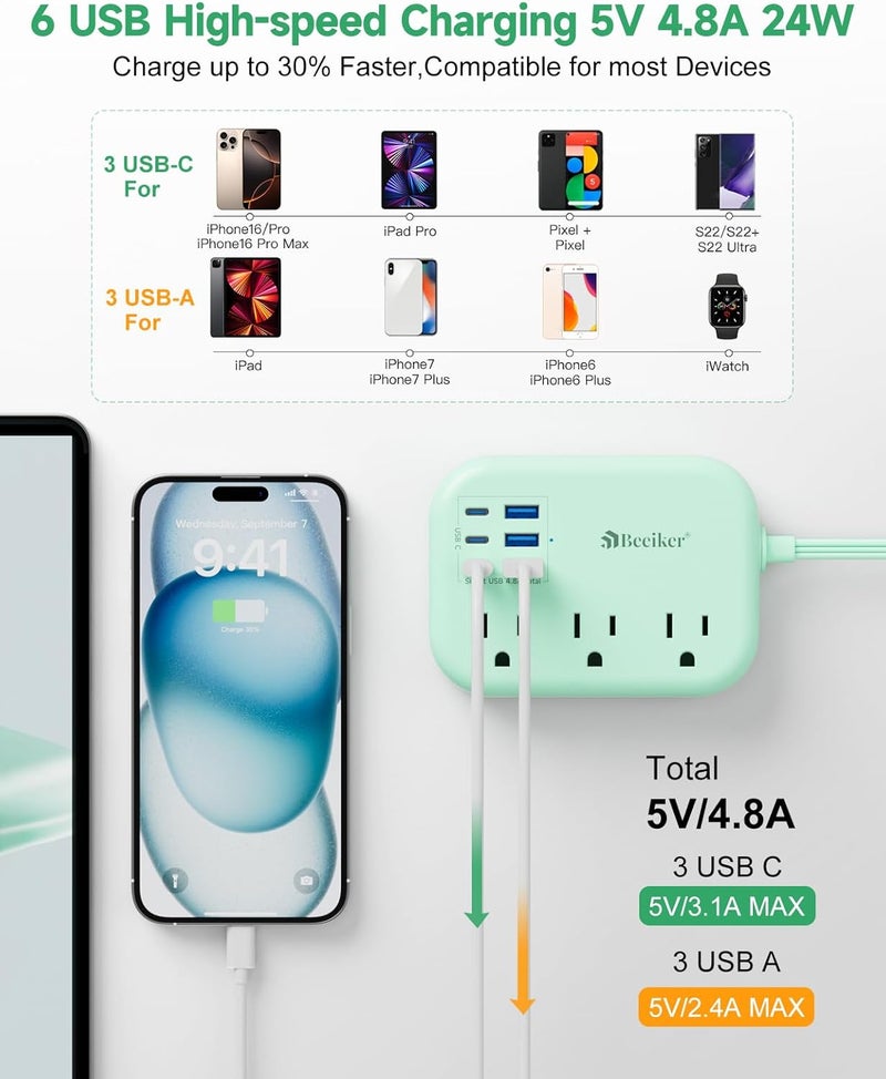 Beeiker 6 USB(3 USB C) Green Travel Power Strip- 5Ft Green Extension Cord with 6 USB Charging Station 24W and 3 Outlets, Cute Desk Accessories for Cruise Travel Kawaii Home Office Dorm Room - Image 2